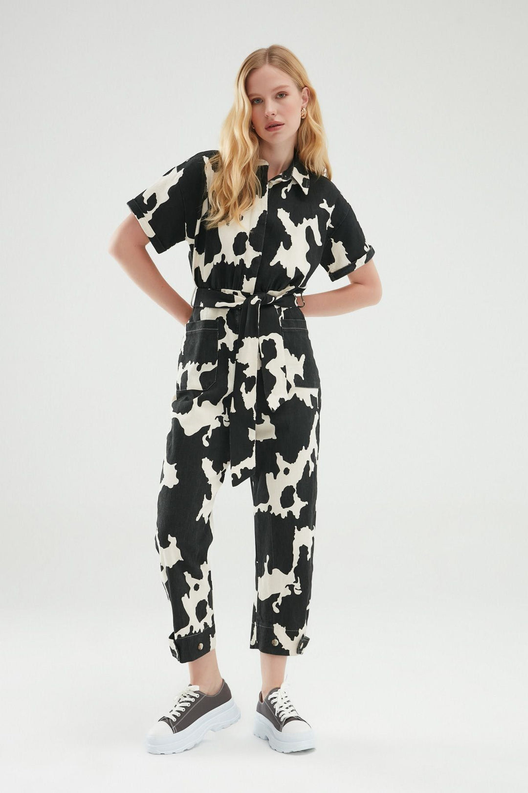 Gabardine Shirt Collar Jumpsuit Black