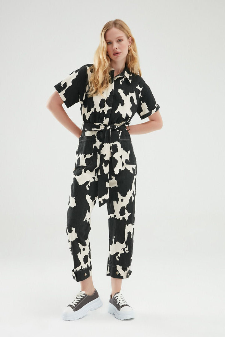 Gabardine Shirt Collar Jumpsuit Black