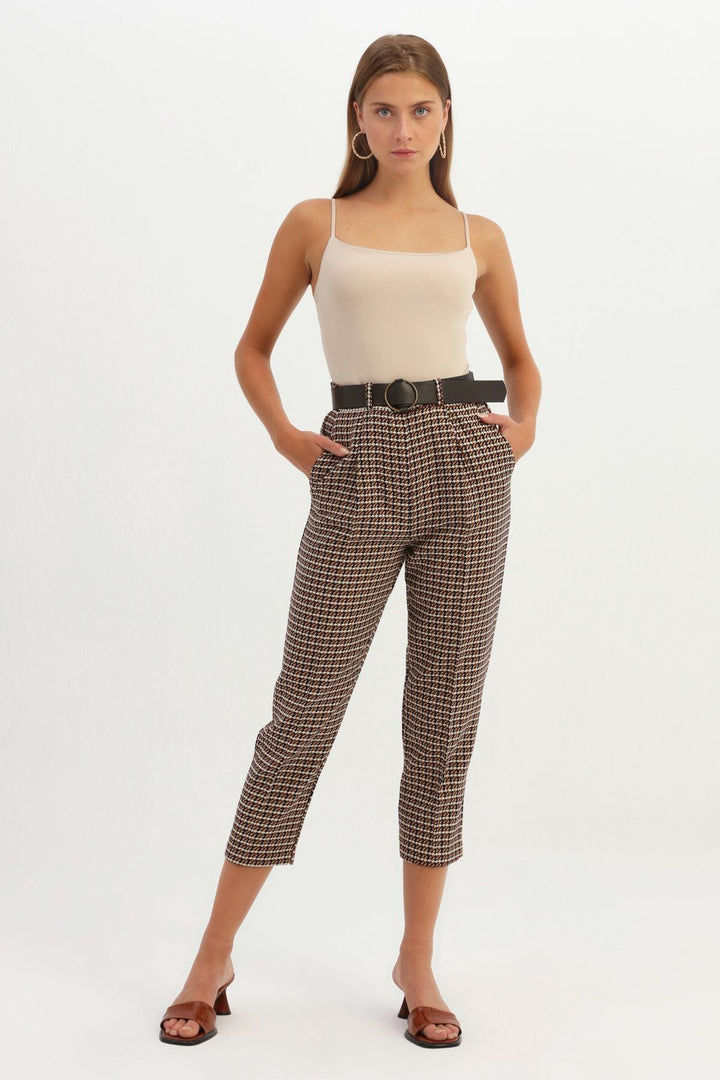 Striped Belted Trousers Brown