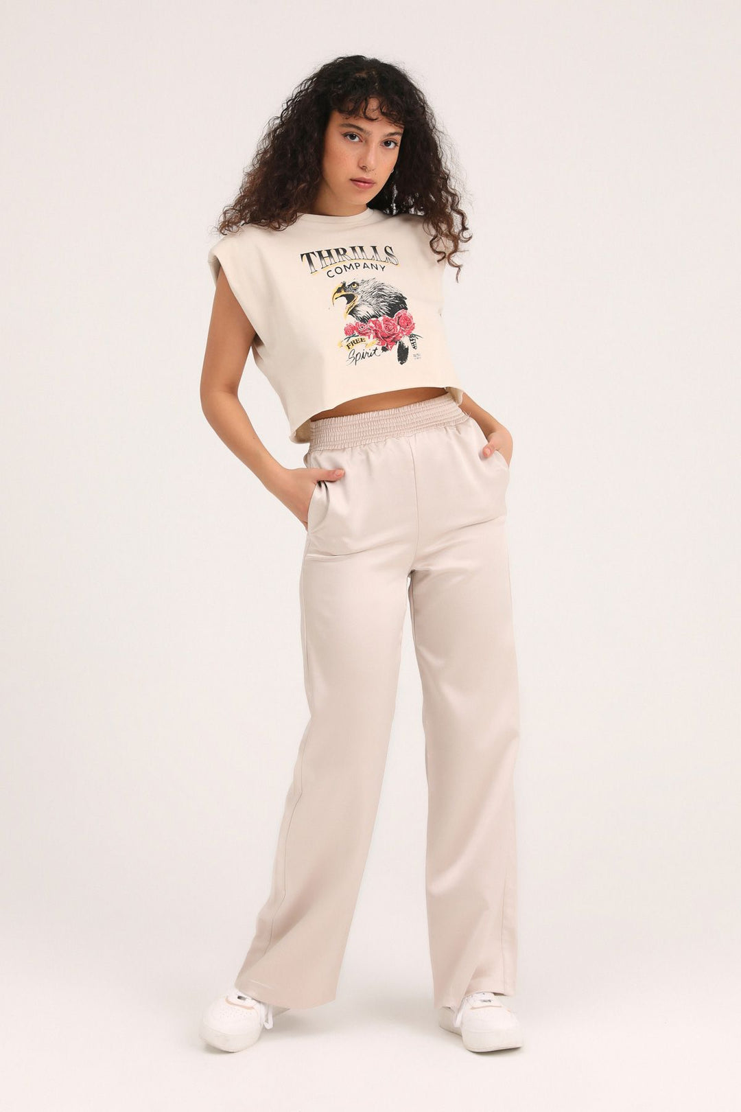 Printed Padded Crop T-Shirt Beige