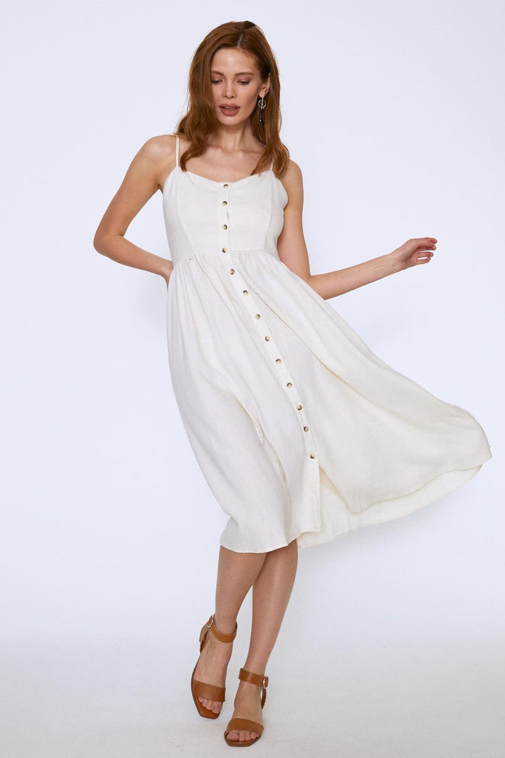 Askılı Düğmeli Keten Elbise Ekru