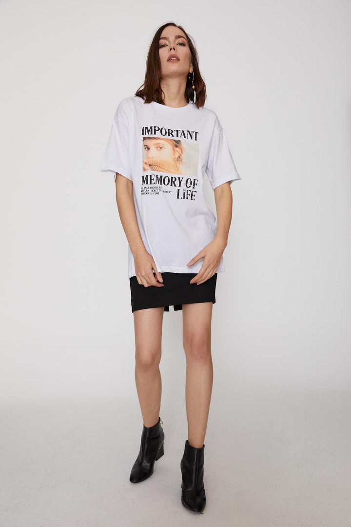 Baskılı Oversize Tişört Beyaz