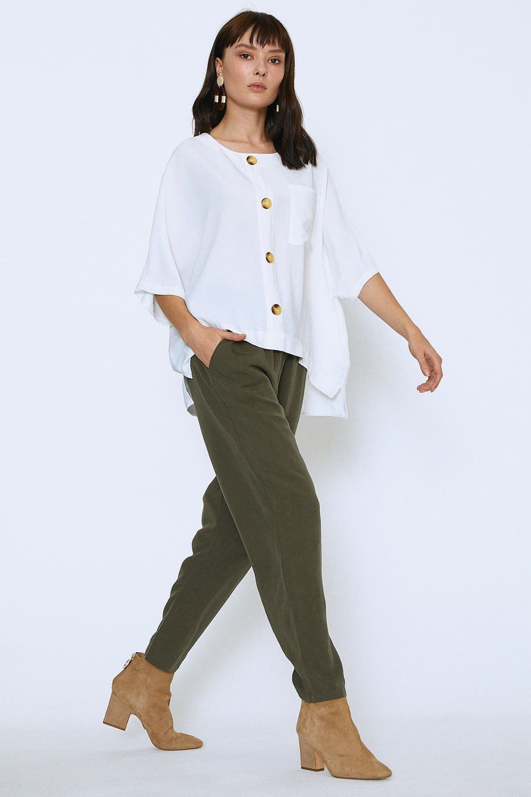 Düğmeli Oversize Bluz Ekru