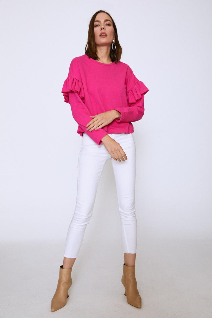 Crew Neck Sleeves Frilly Sweatshirt Fuchsia
