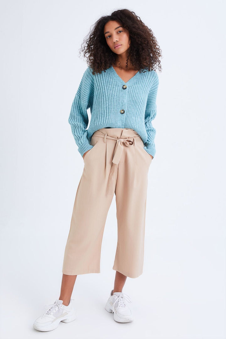 High Waist Belted Trousers Beige