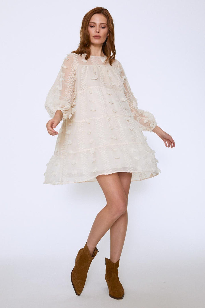 Dantelli Mini Elbise Bej