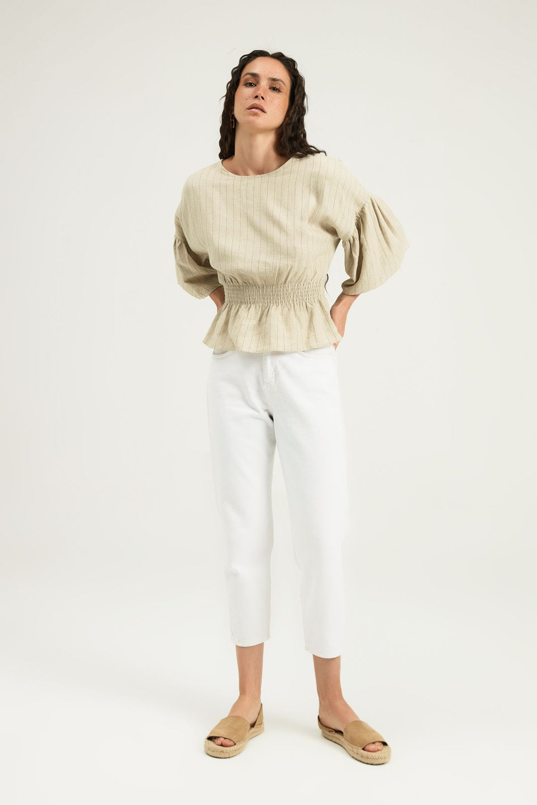 Striped Blouse with Gipe Waist Natural