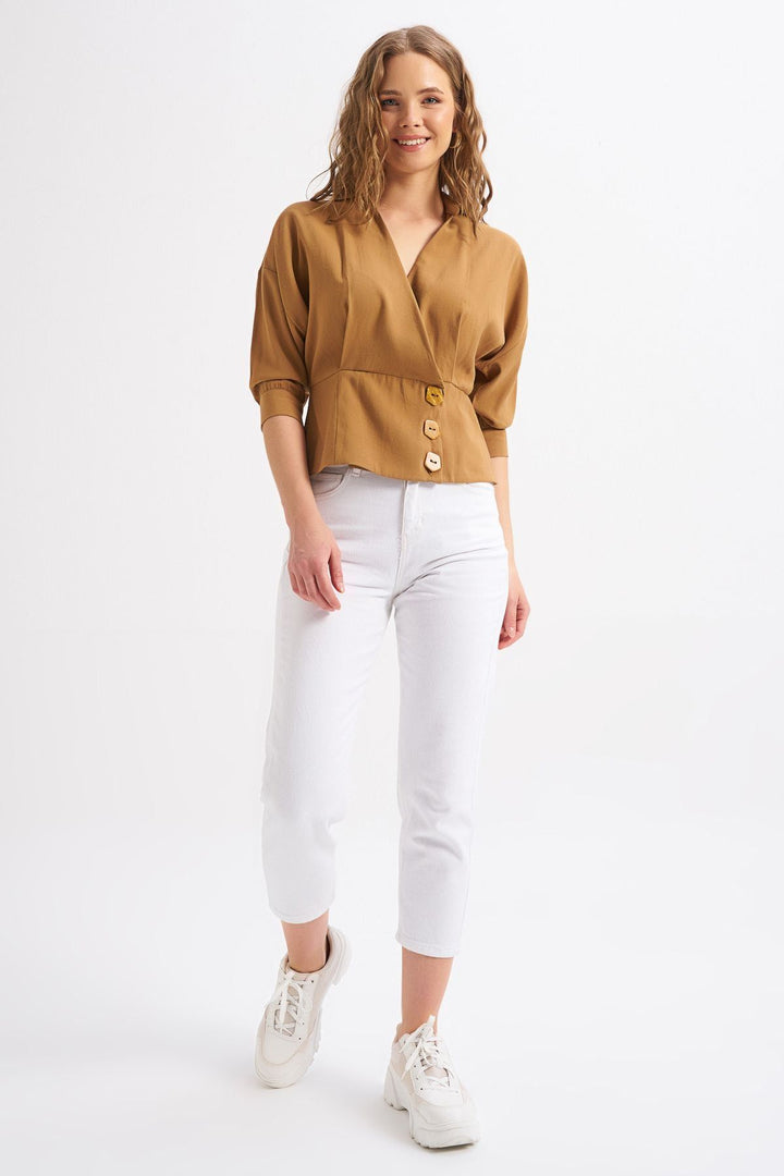 Button Detailed Double Breasted Shirt Camel