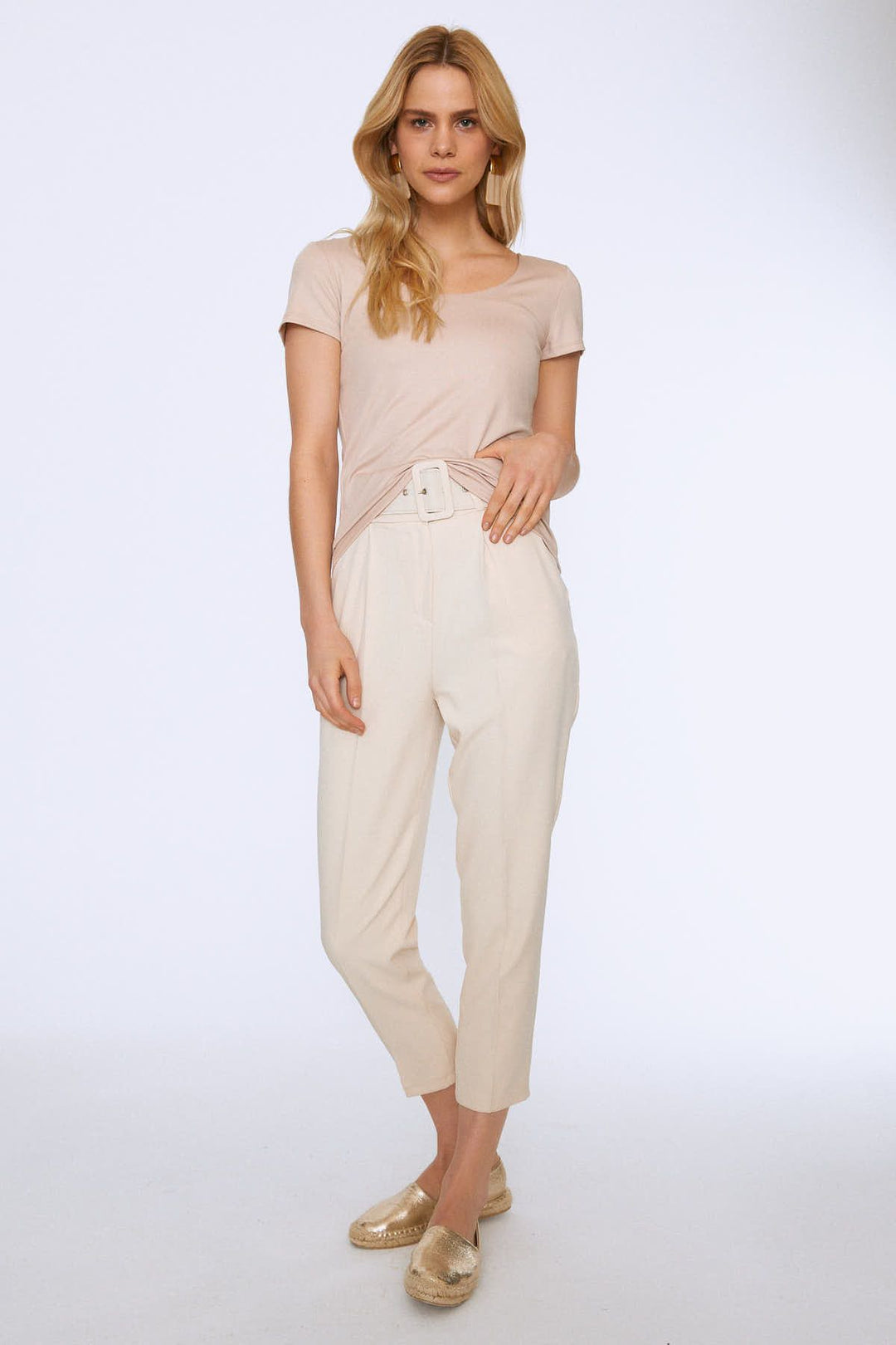 Short Sleeve Basic Blouse Beige