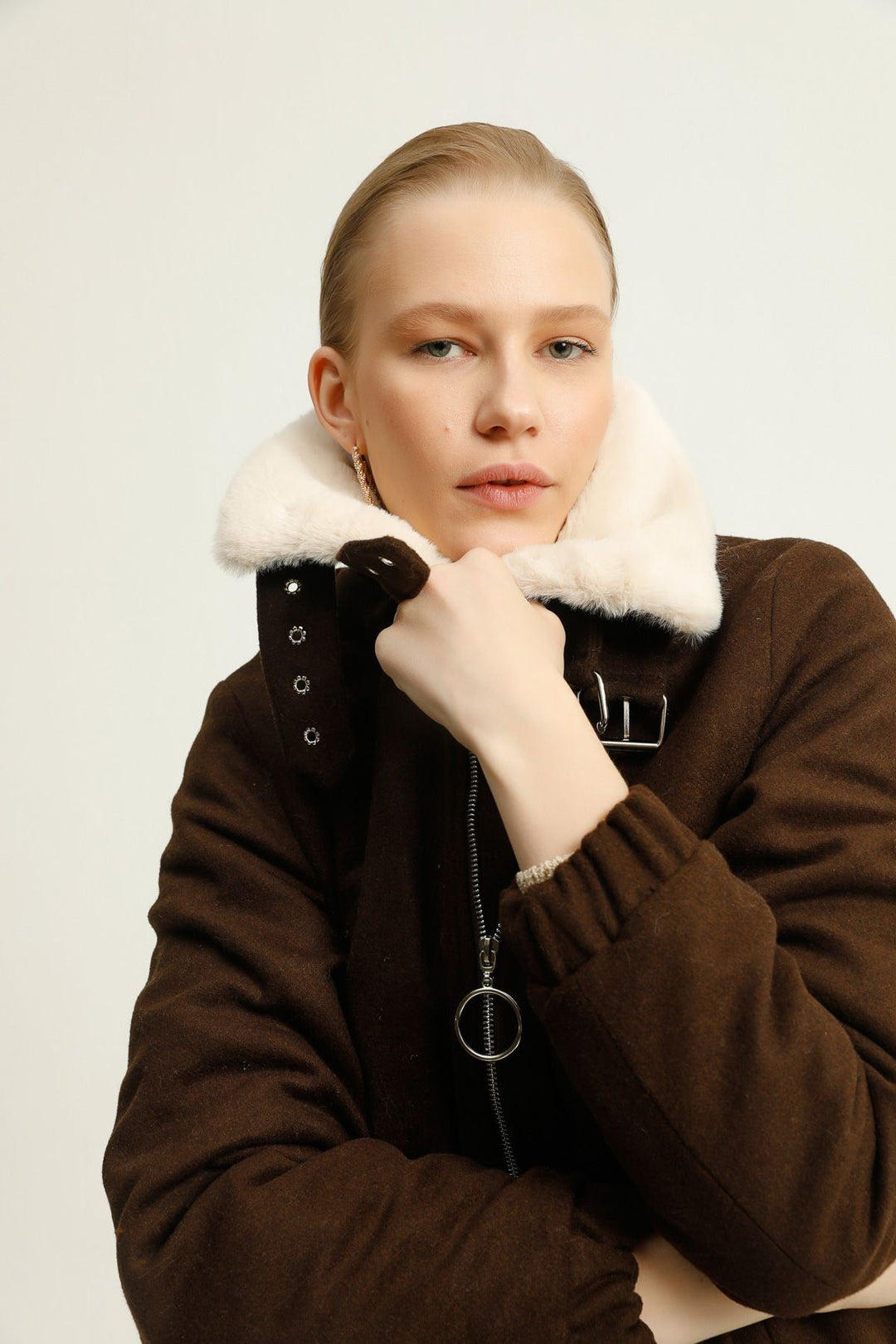 Furry Collar Zippered Coat Dark Brown