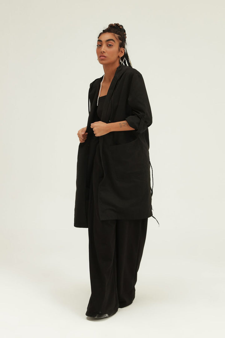 Pleated Waist Hooded Trench Coat Black