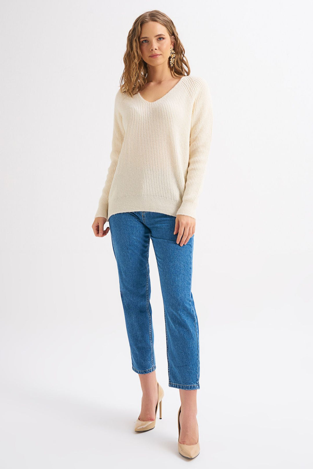 V Neck Long Sweater Ecru