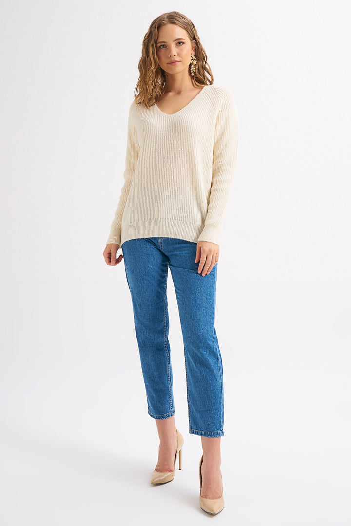 V Neck Long Sweater Ecru