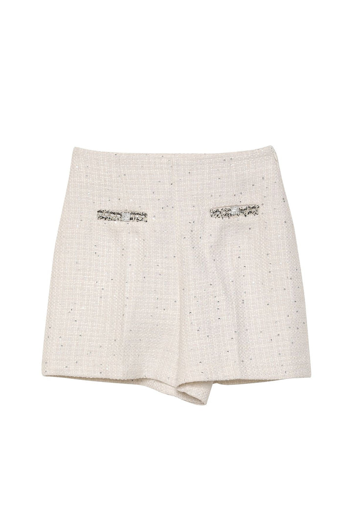 Sequin Detailed Tweed Shorts Ecru