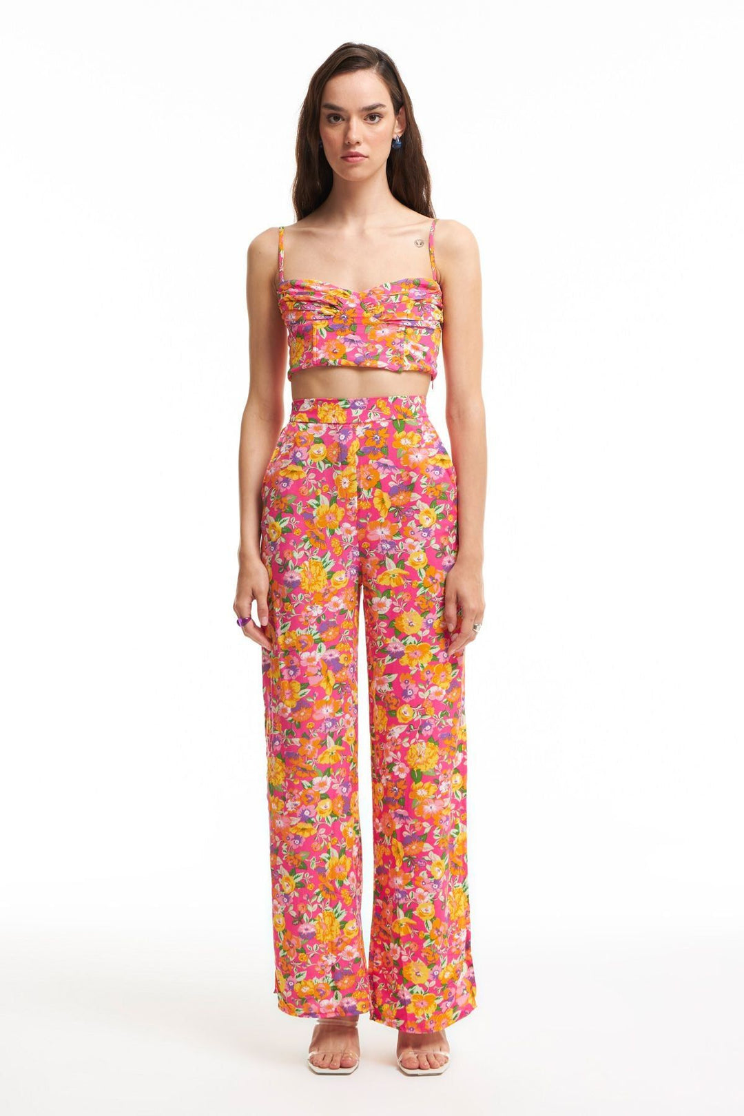 Yanları Yırtmaçlı Desenli Pantolon Pembe