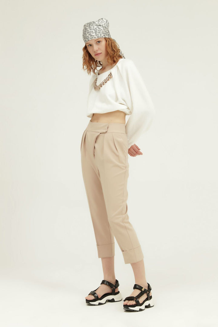 Duble Paça Yüksel Bel Pantolon Bej