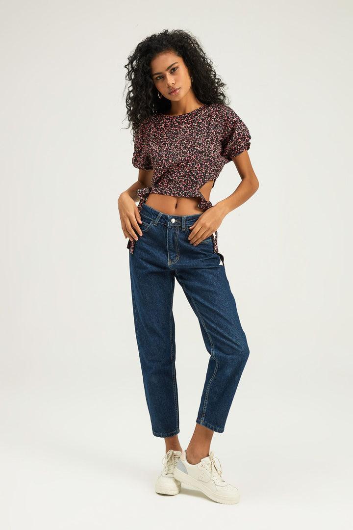 Tie Side Balloon Sleeve Blouse Black