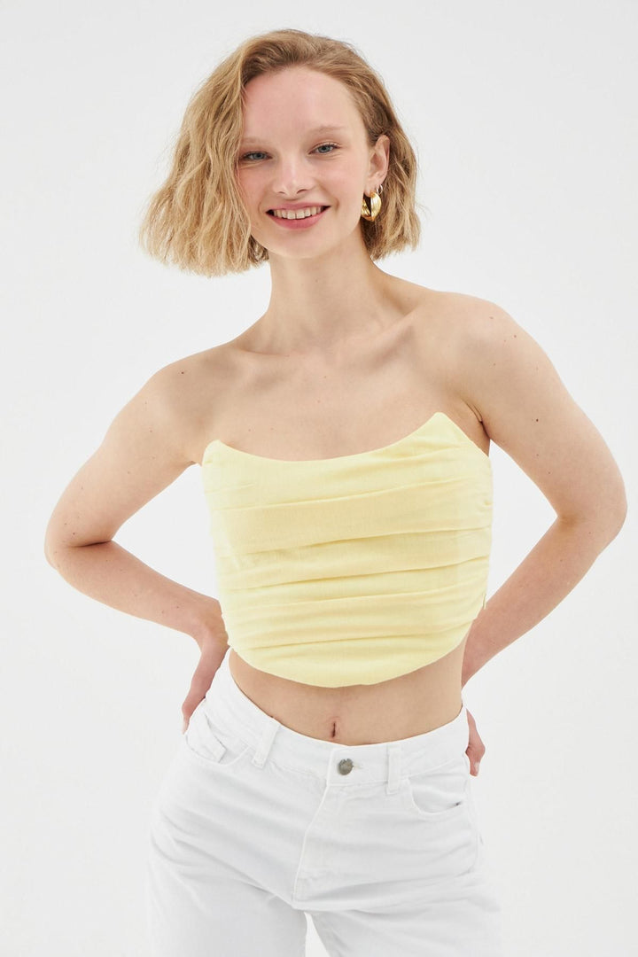 Pleated Strapless Blouse Yellow