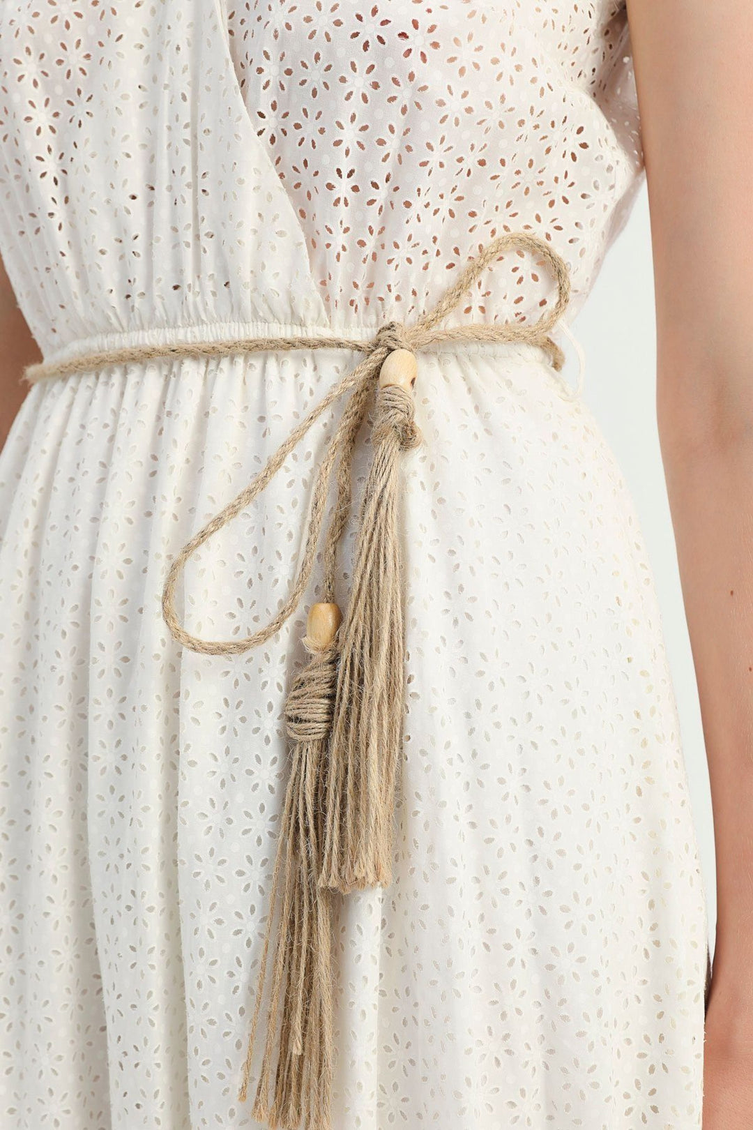 Straw Rope Belt Guipure Double Breasted Dress Ecru