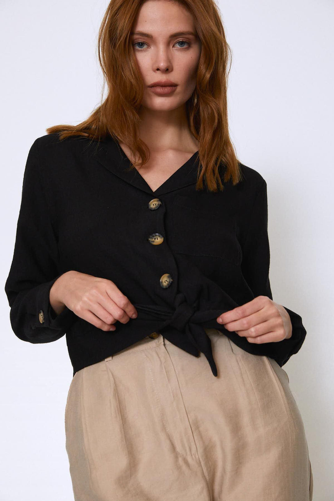Tie Waist Pocket Long Sleeve Shirt Black