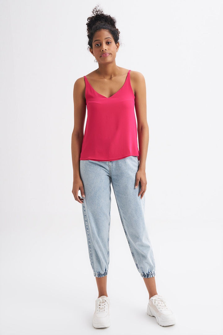 Rope Strap V-Neck Blouse Fuchsia