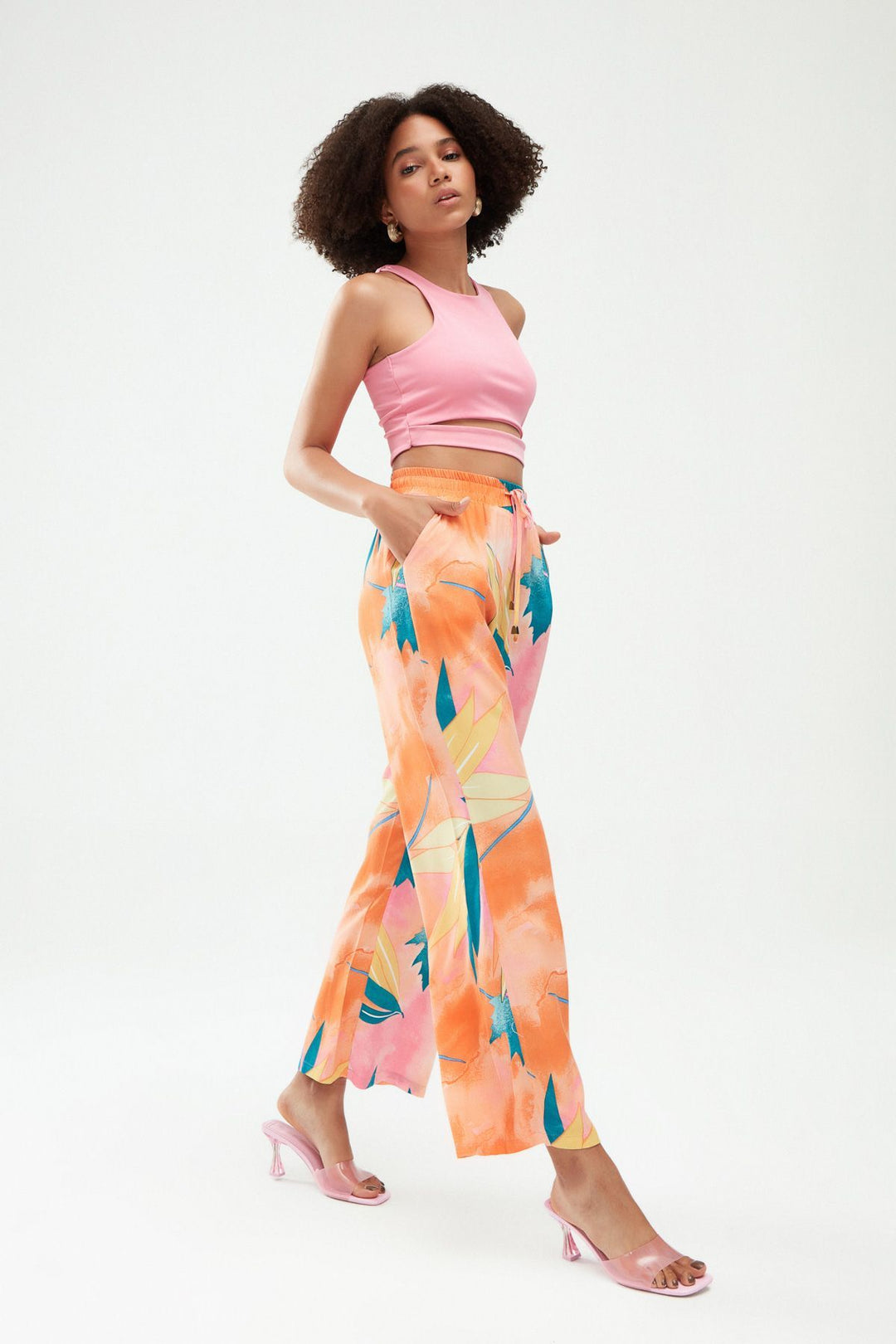 Elastic Waist Wide Leg Trousers Orange