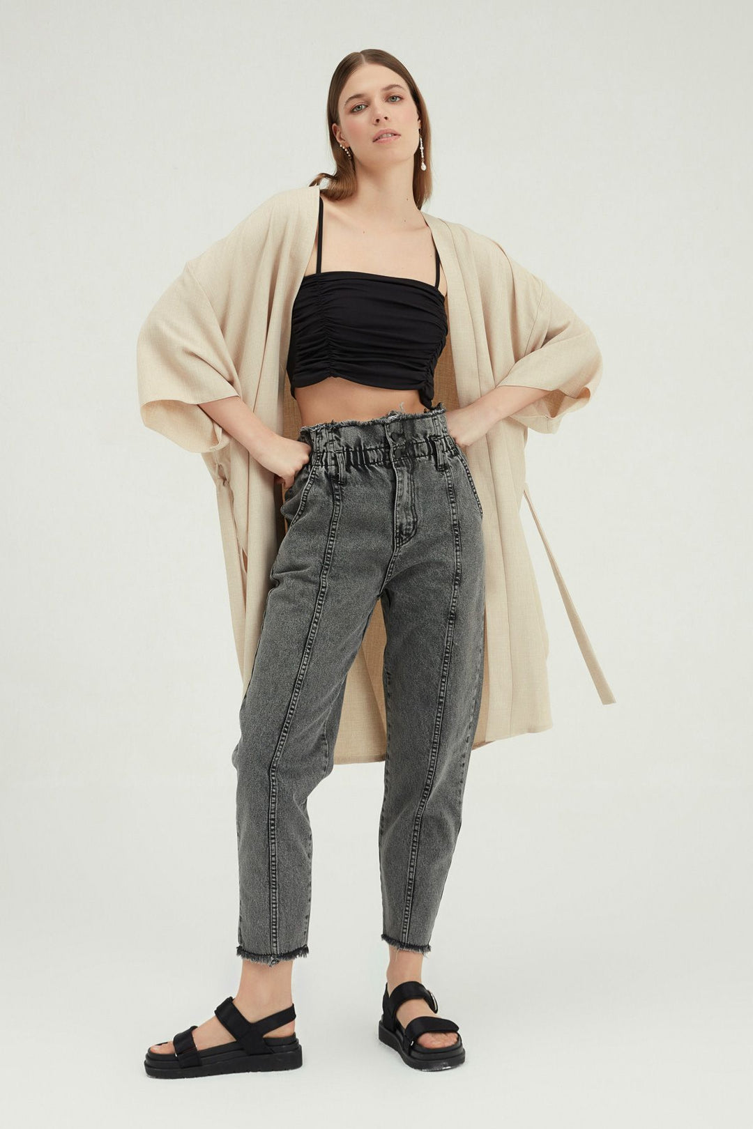 Three Quarter Sleeve Tie Kimono Beige