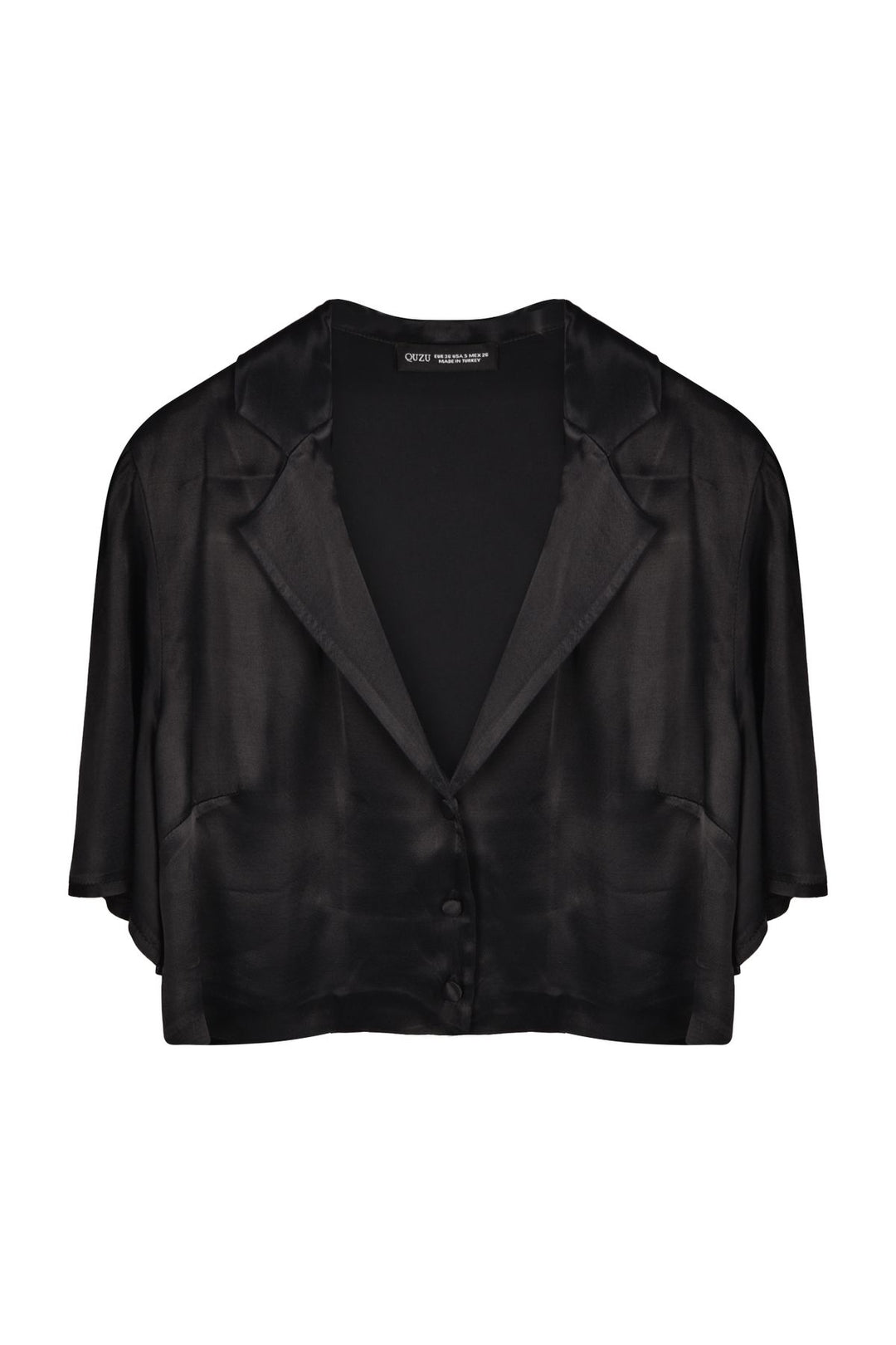 Button Detailed Crop Satin Shirt Black