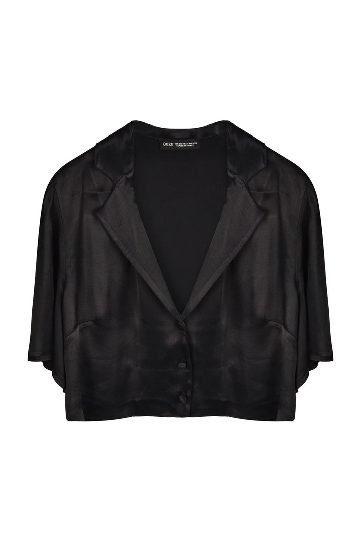 Button Detailed Crop Satin Shirt Black