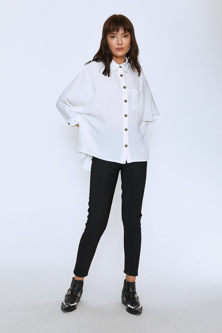 Uzun Oversize Cepli Gömlek Ekru