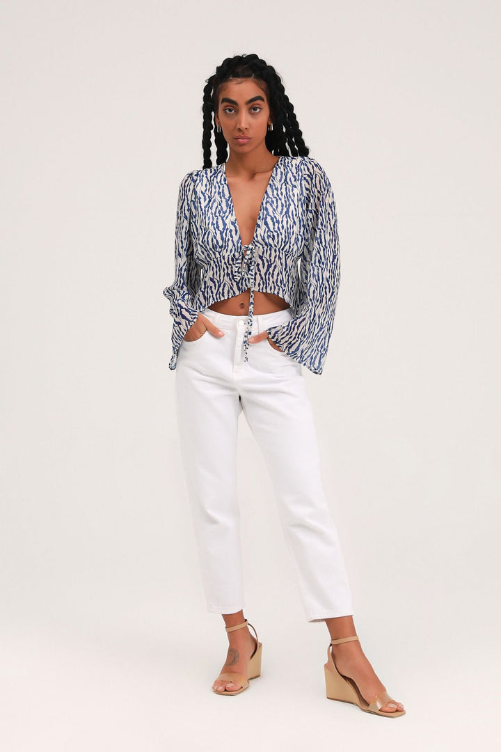 Desenli Önü Bağlamalı Bluz İndigo