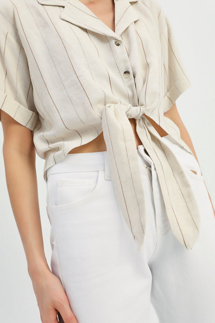 Tie Front Linen Blouse Brown
