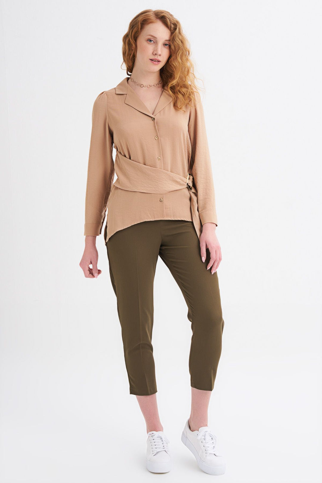 Camel Shirt with Belt Detail and Embroidery on the Back