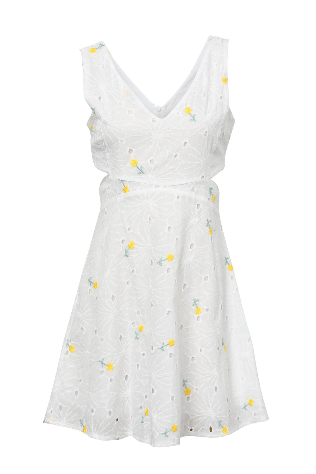 Çiçekli Dekolte Detaylı Mini Elbise Beyaz