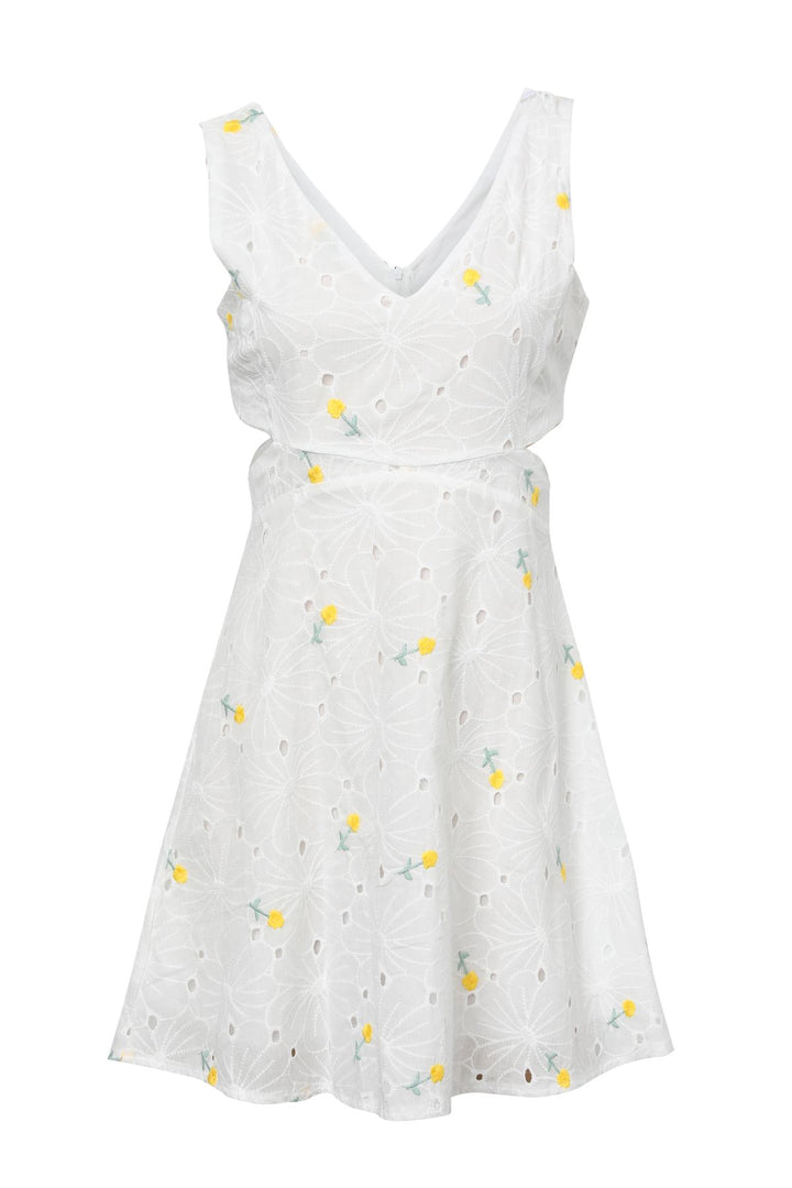 Çiçekli Dekolte Detaylı Mini Elbise Beyaz