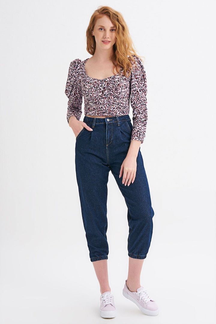 Patterned Front Buttoned Sleeves Gathered Blouse Lilac