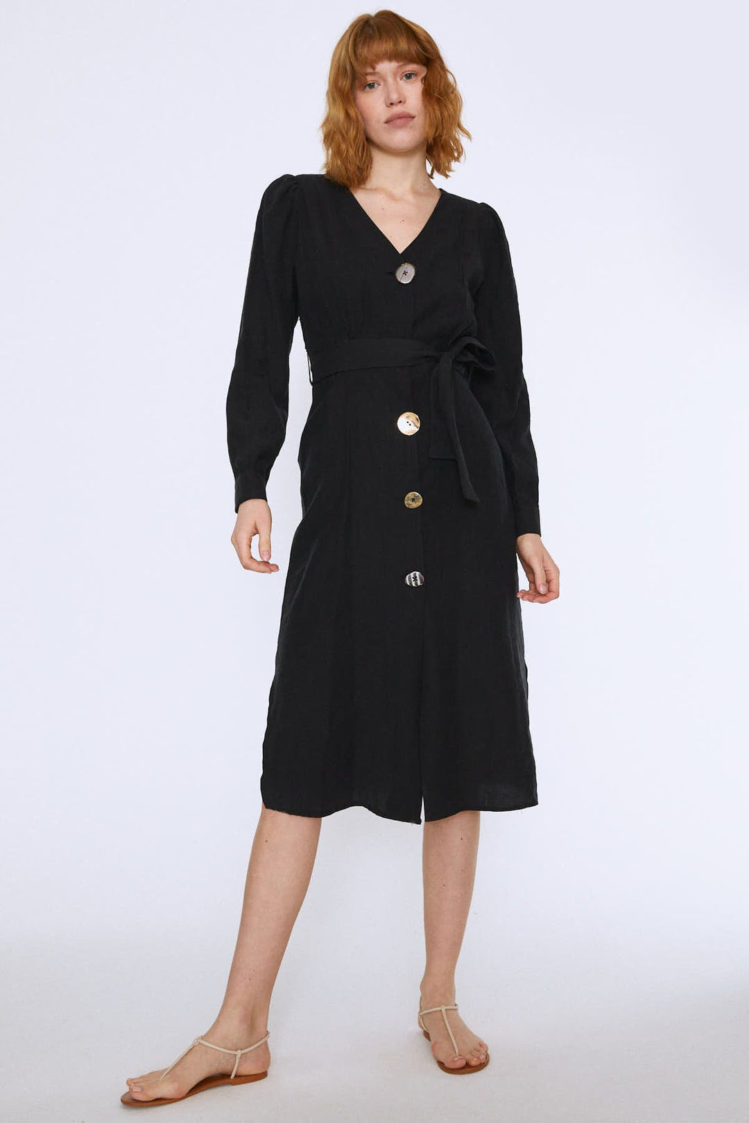 Button Front Belted Dress Black