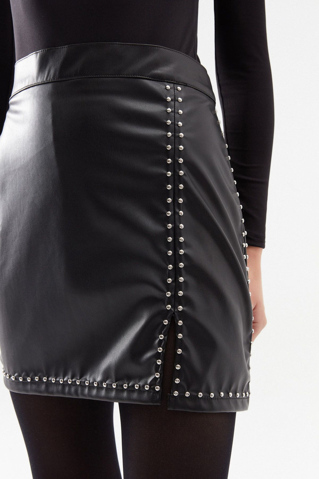Troklu Deri Mini Etek Siyah