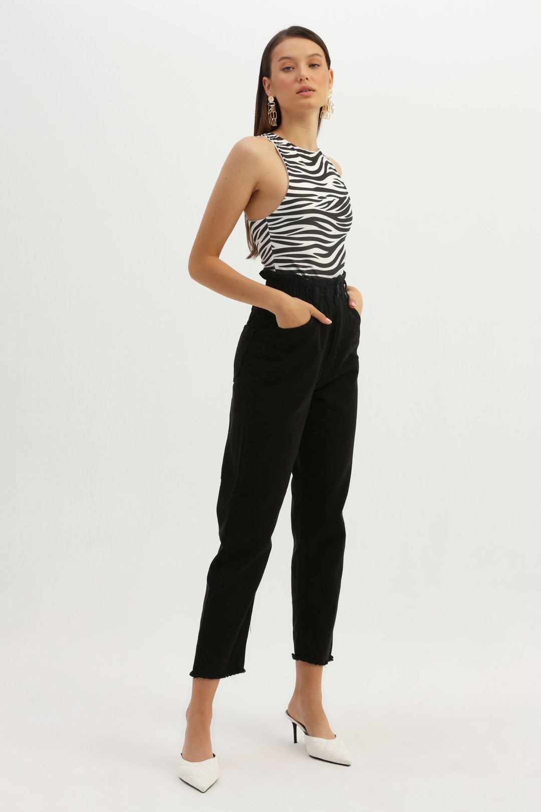 Zebra Desenli Halter Yaka Bodysuit Siyah