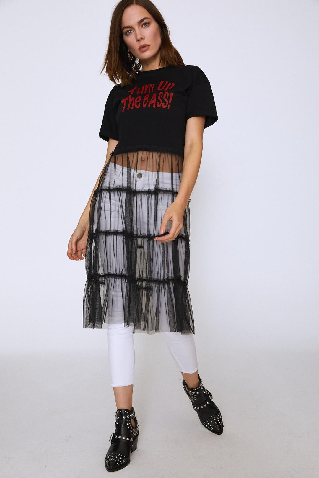 Baskılı Tül Detaylı Tişört Siyah