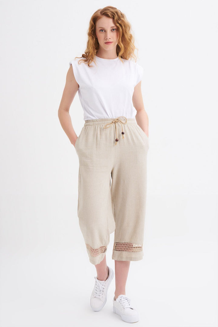 File Detaylı Keten Pantolon Bej