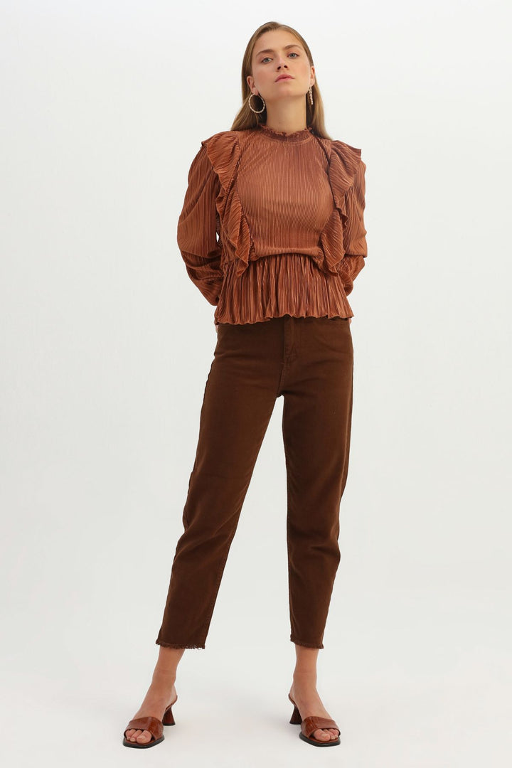 Fırfırlı Uzun Kol Bluz Taba