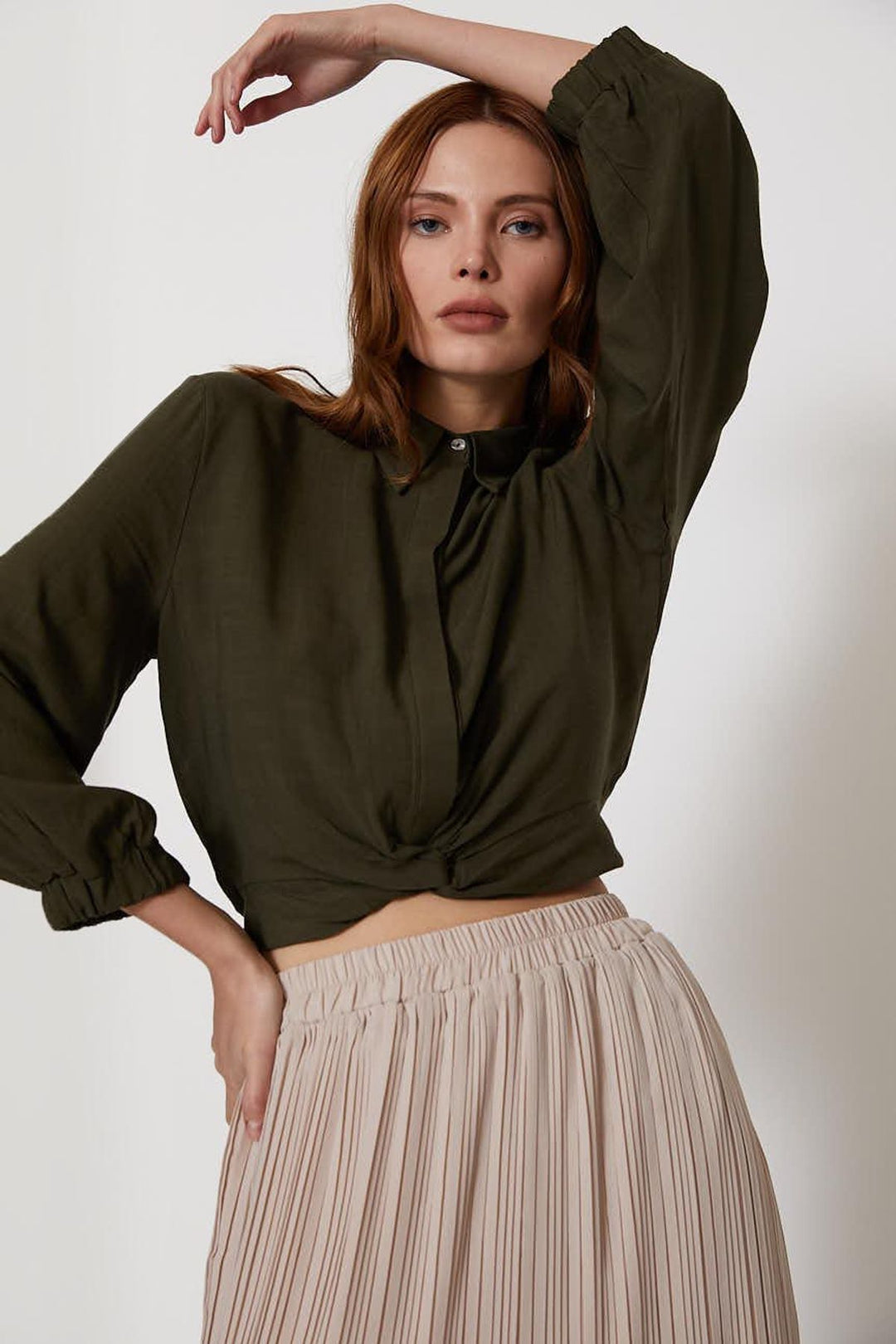 Pleated Midi Skirt Beige