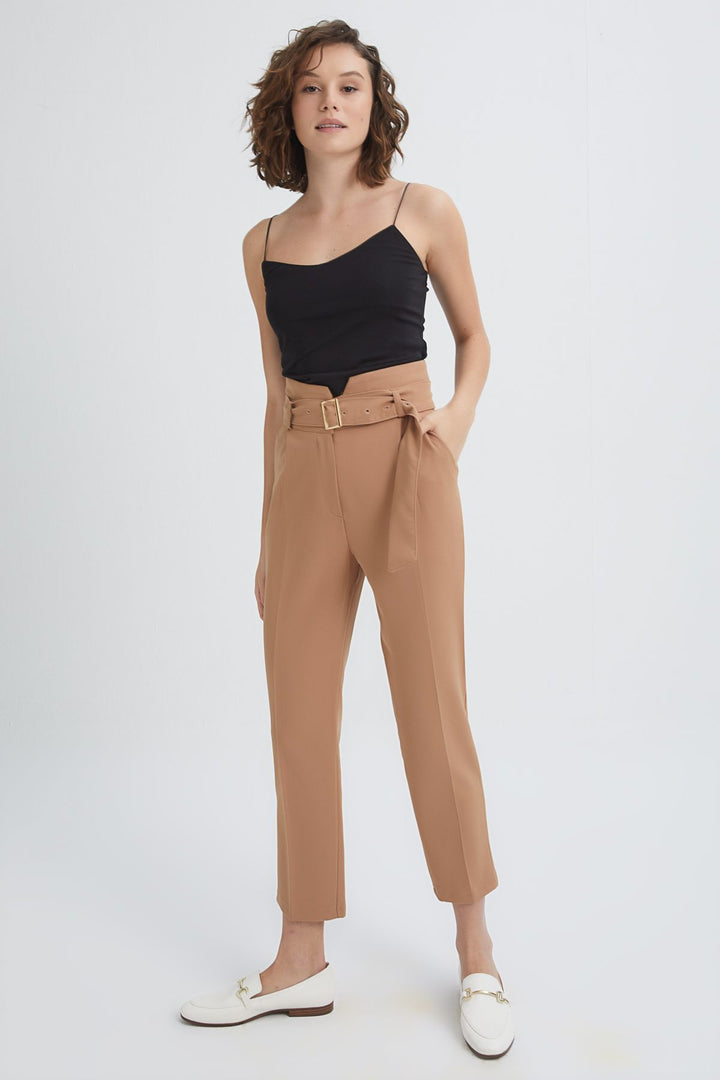 Belted High Waist Casual Trousers Camel