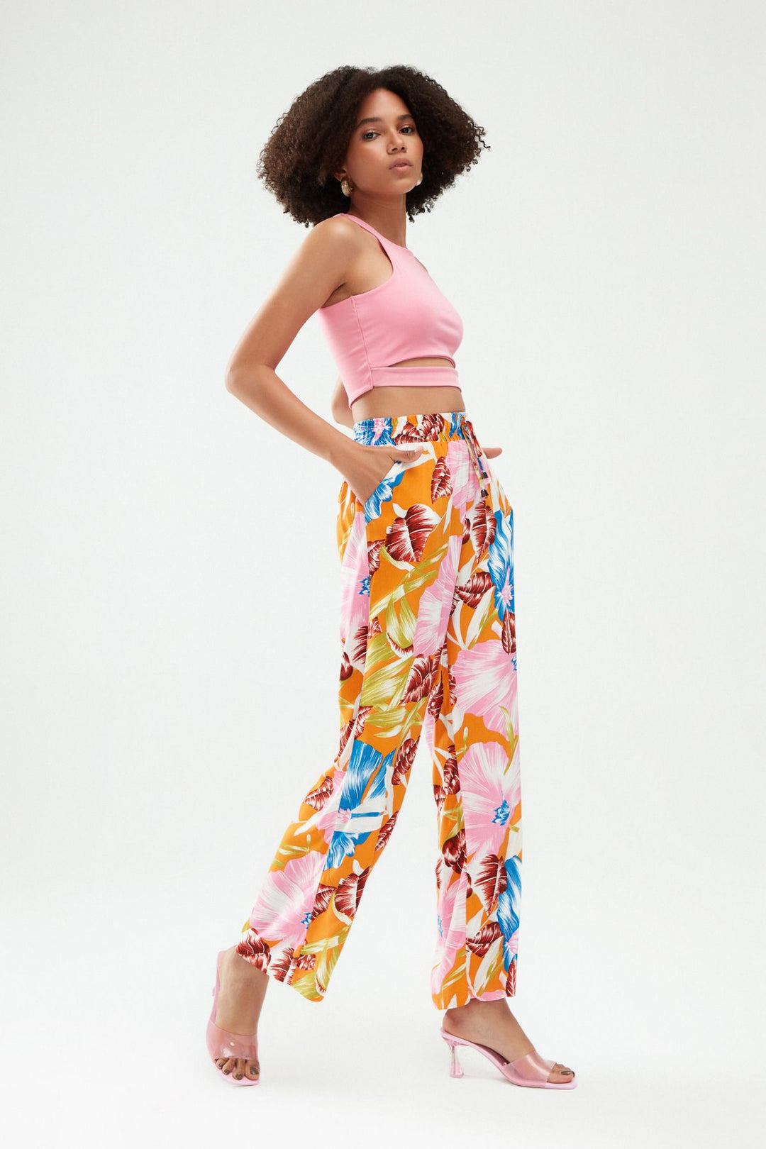 Desenli Beli Lastikli Pantolon Turuncu