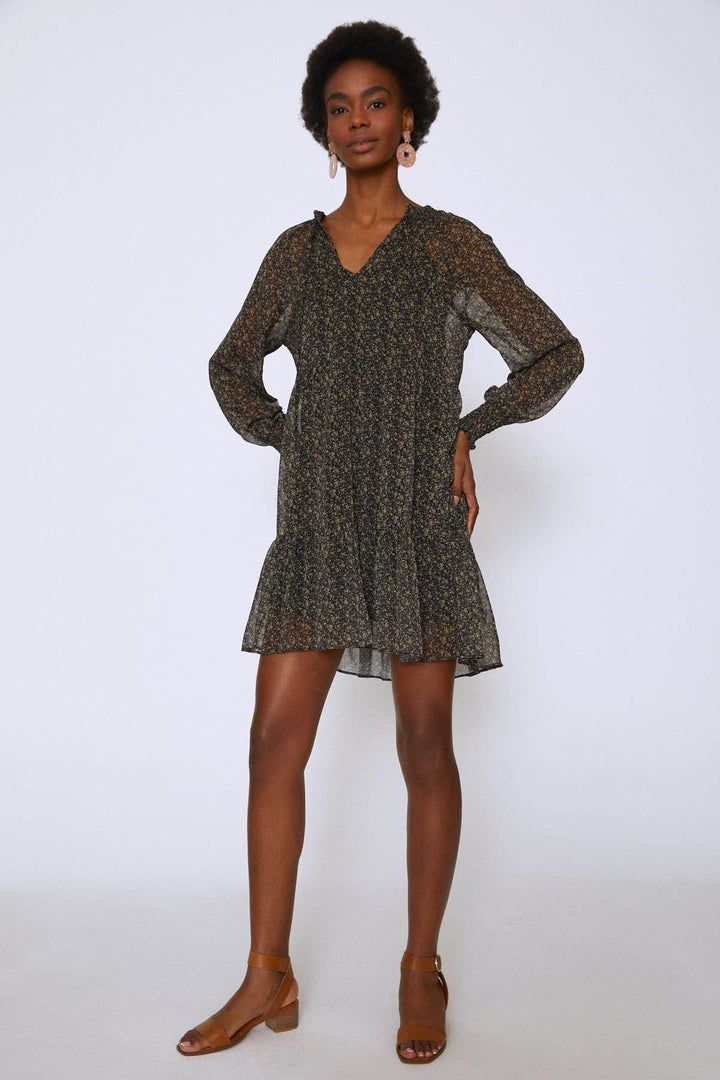 Crispy Floral Collar Tie Chiffon Dress Khaki