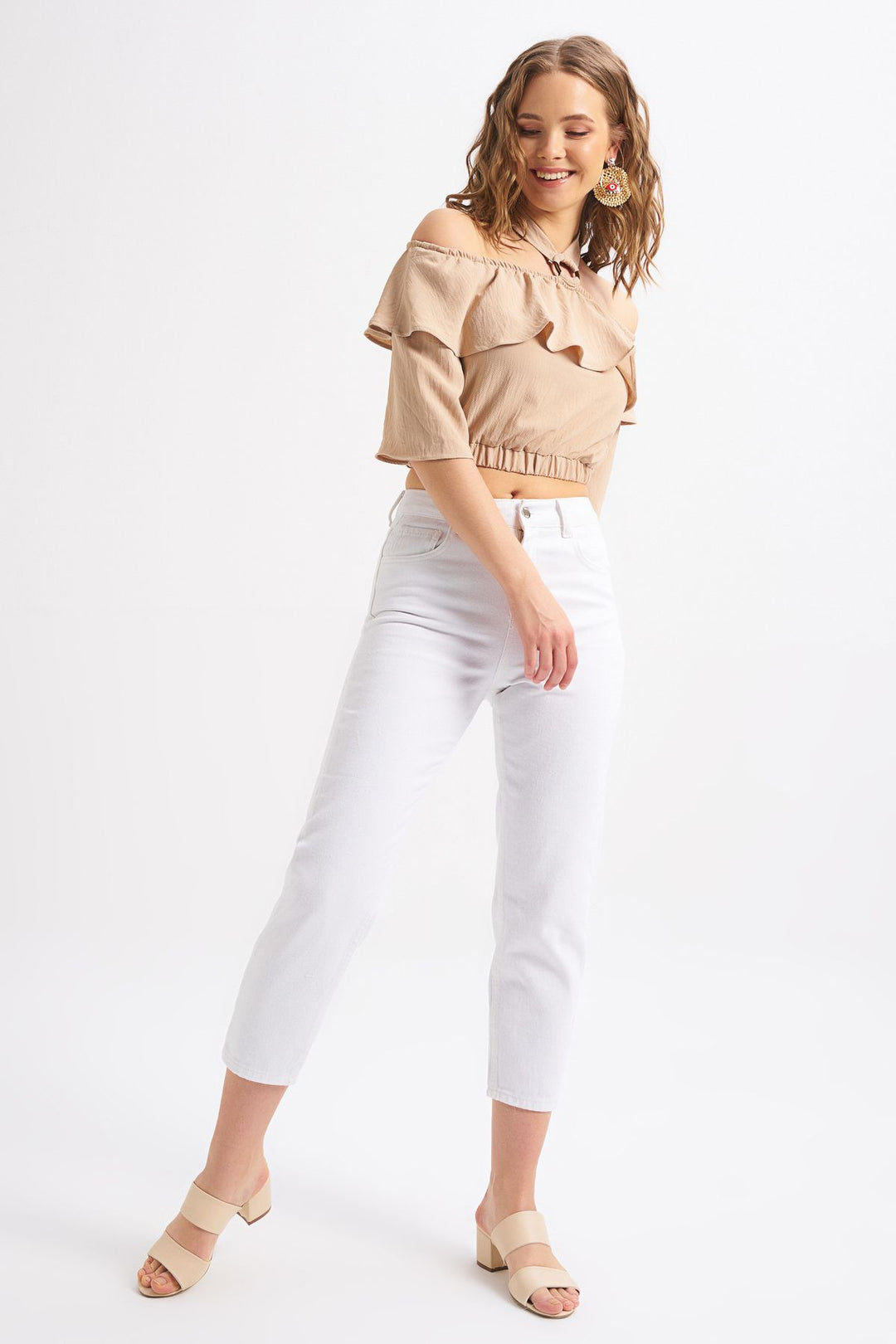 Halter Neck Detailed Flounce Blouse Stone