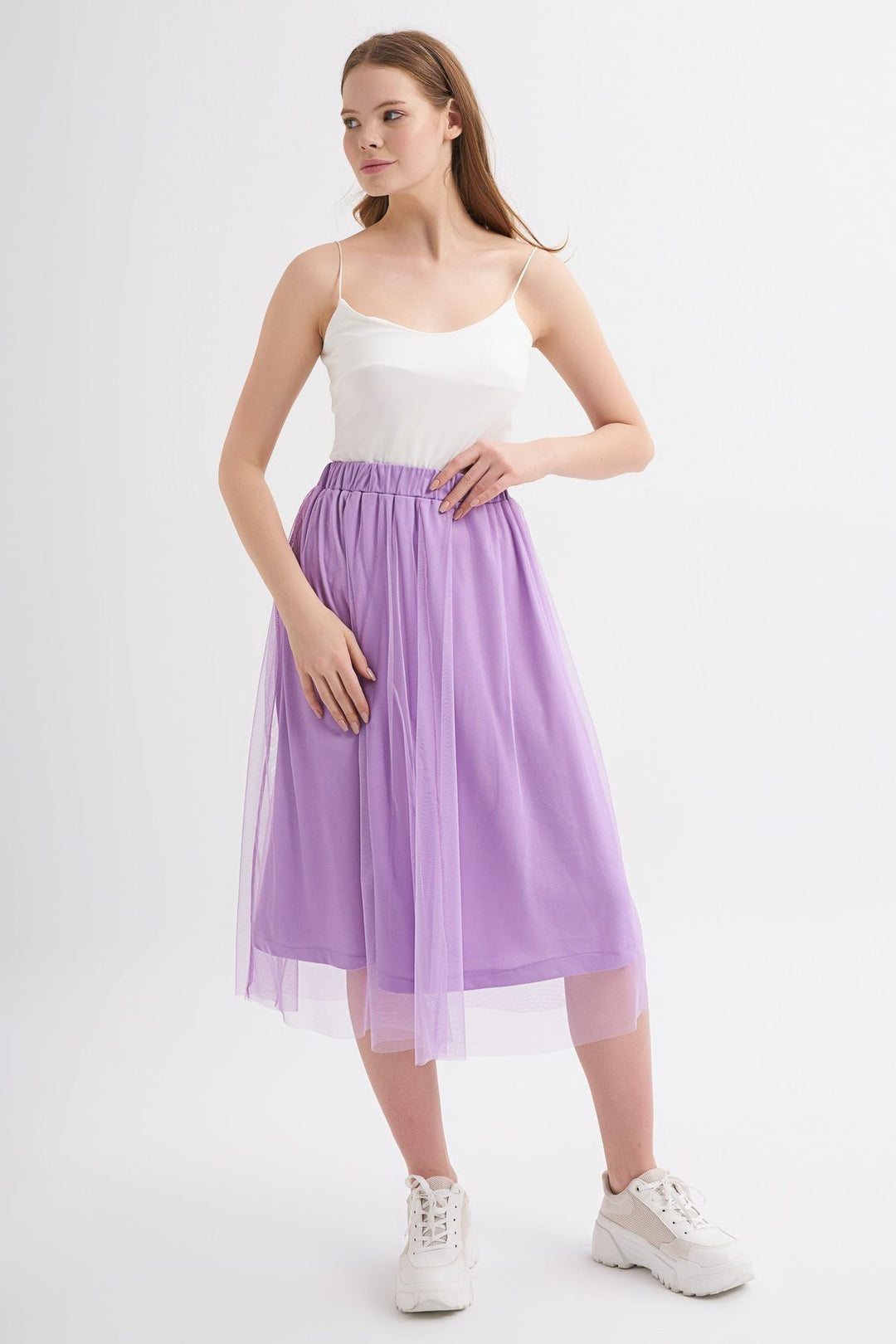 Piliseli Tül Detaylı Midi Etek Lila