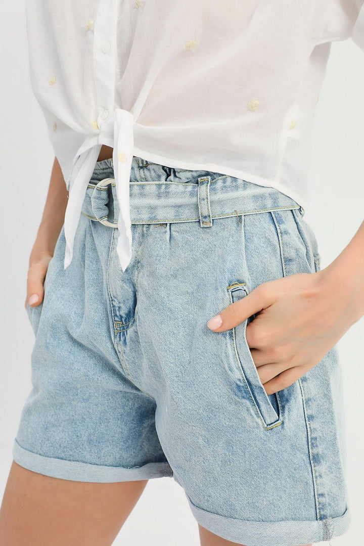 Belted High Waist Denim Shorts Ice Blue