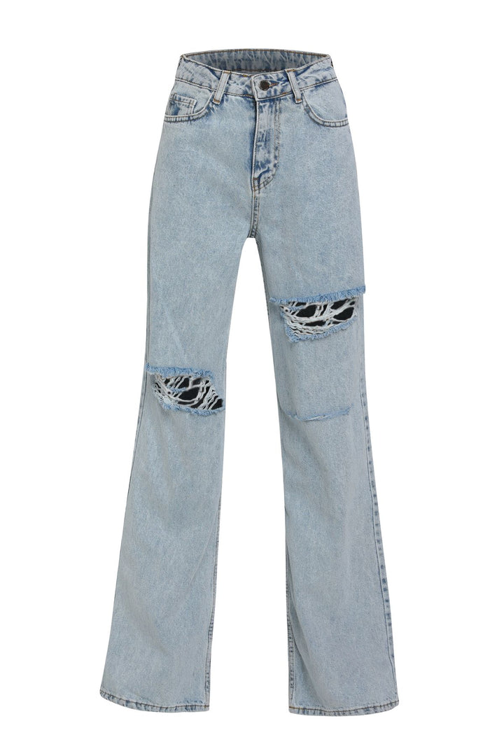 Yırtık Detaylı Bol Paça Kot Pantolon Buz Mavi